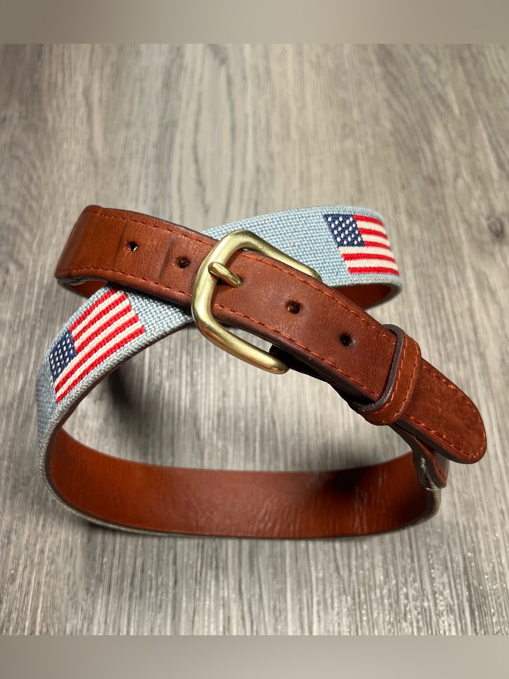 Smathers & Branson Belt 34 Blue Flag Hand Stitched Needlepoint Leather Golf USA